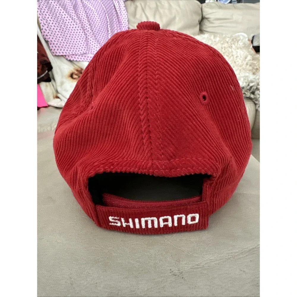 Vintage Shimano Fishing Cotton Red Black Corduroy Spell Out Front & Back Cap Hat